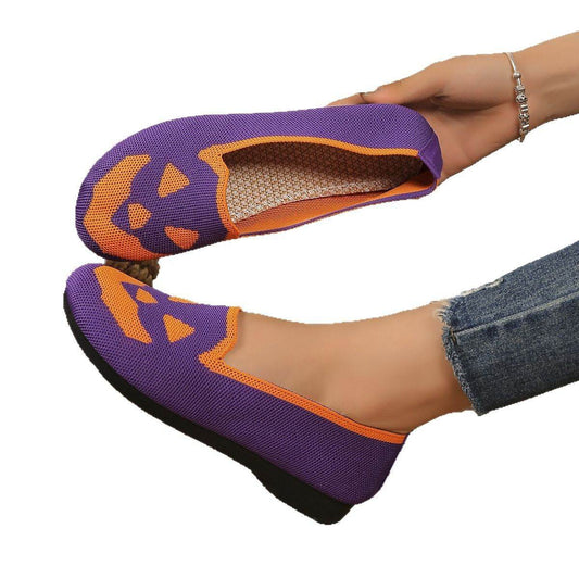 Women's Halloween Pumpkin Printed Breathable Flying Woven Shoes - www.Shopthatapp.com