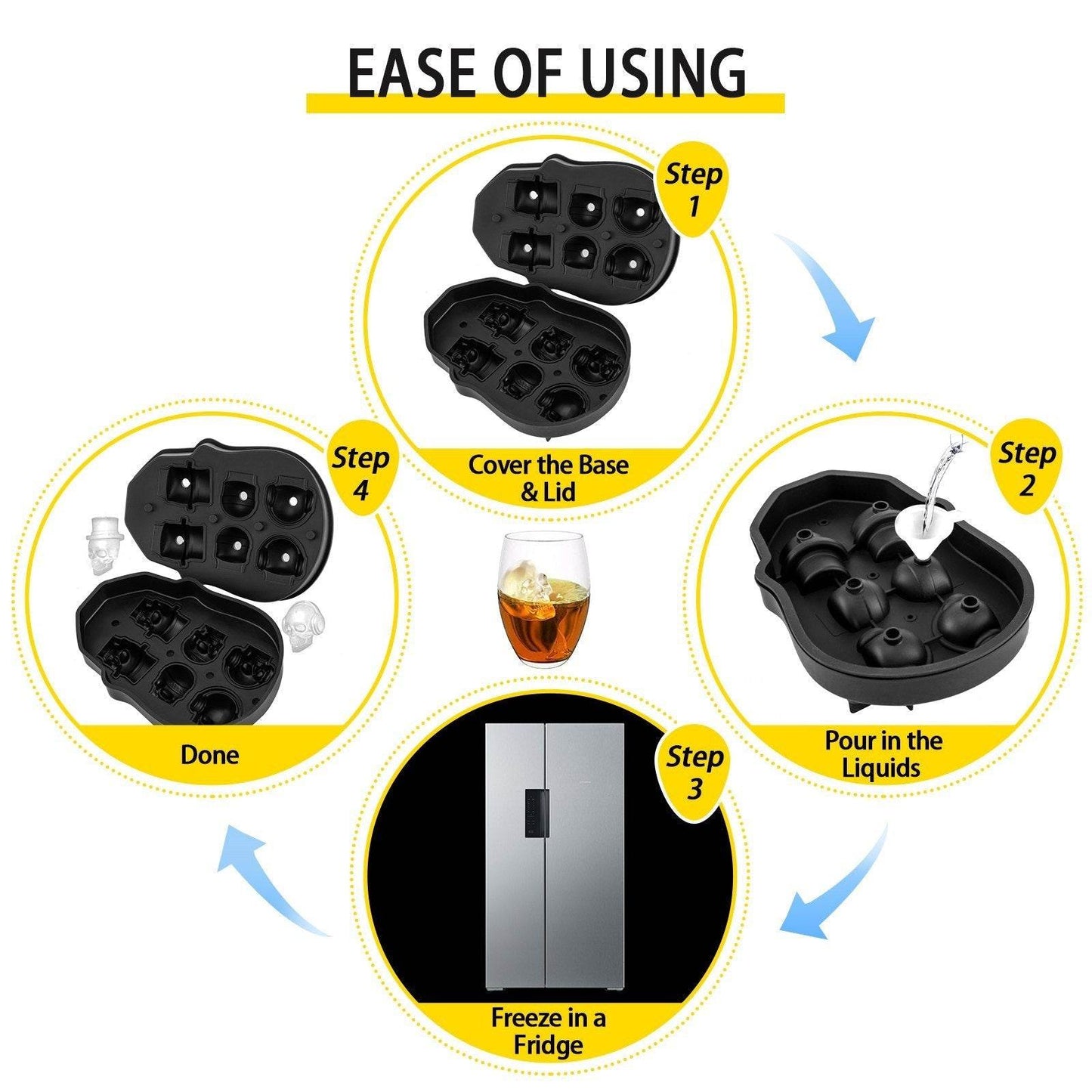 Skull Ice Cube Tray, 6-Grid Skull Ice Ball Maker, Flexible Black Silicone Ice Tray With Lid & Funnel, Skull Ice Cubes In 3 Distinct Patterns For Beverages & Chocolates On Parties & Holidays - www.Shopthatapp.com