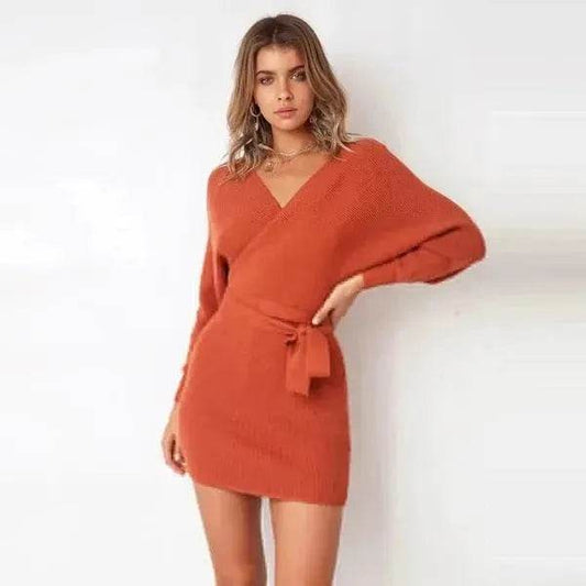 Autumn Winter Slim Fit V-neck Mini Wrap Sweater Dress - www.Shopthatapp.com