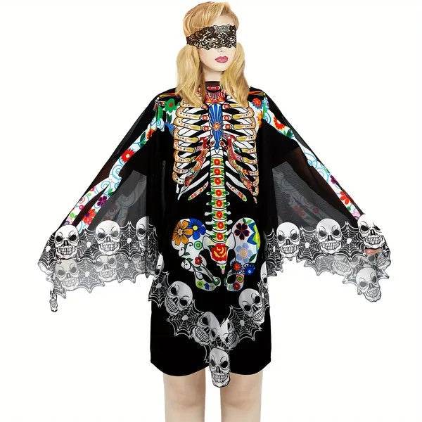 Halloween Skeleton Poncho, Lace Skeleton Halloween Costume Poncho Day Of The Dead Poncho For Women - www.Shopthatapp.com