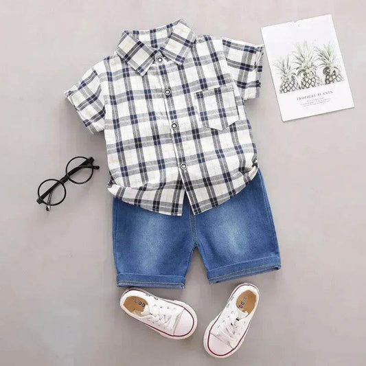 Children's Striped Shirt Denim Shorts Two-piece Set - www.Shopthatapp.com
