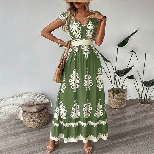 Women's Summer Flowy Maxi Dress Casual Cap Sleeve V Neck Smocked Waist Beach Sundress - www.Shopthatapp.com