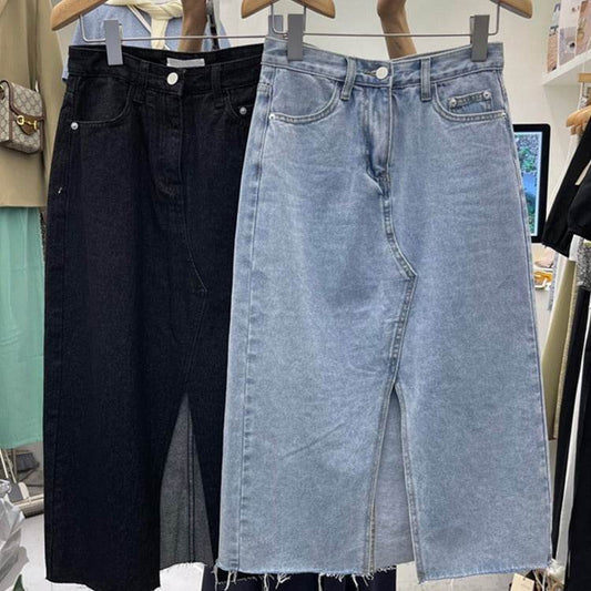 Casual Front Slit Dark Blue and Light Blue Denim Midi Skirt for women - www.Shopthatapp.com