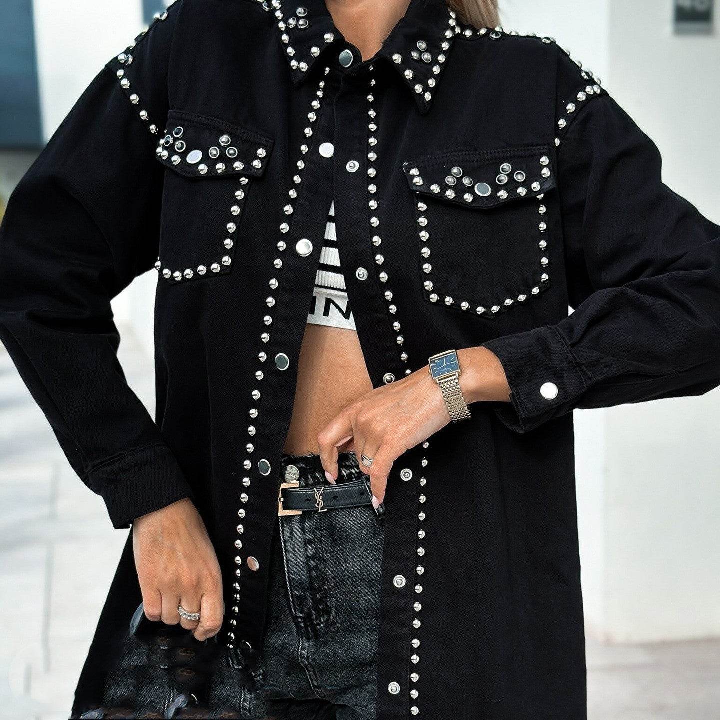 Denim Jacket Women – Retro Street Style Loose Rivet Design - www.Shopthatapp.com