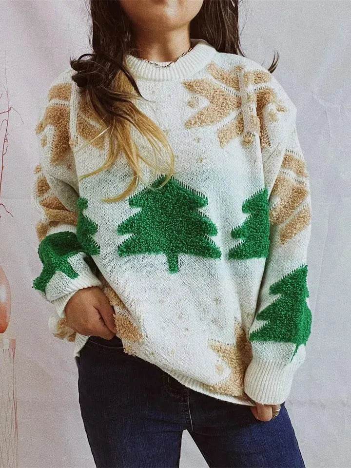 Women's Fashion Christmas Tree Jacquard Round Neck Long Sleeve Pullover Sweater top - www.Shopthatapp.com