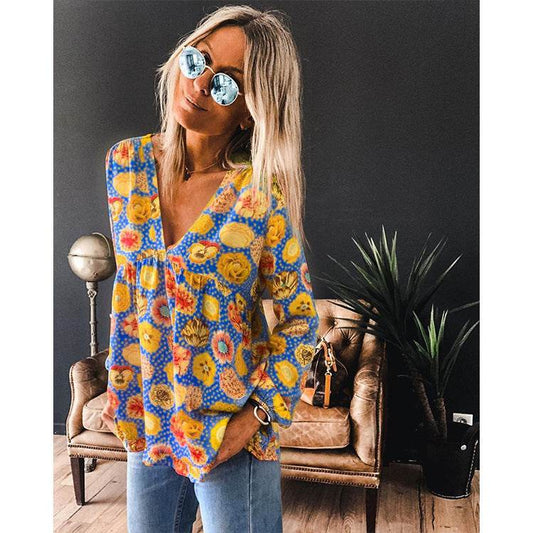 Women Casual Spring Summer New Style Blouse top Printing V-Neck Long-Sleeved - www.Shopthatapp.com