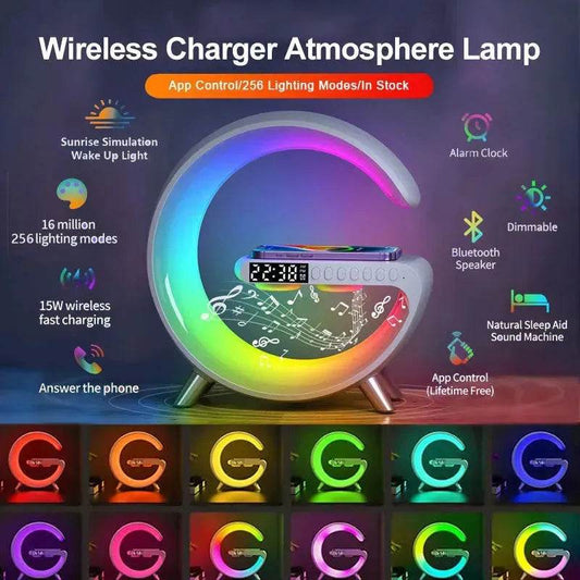 G shaped Wireless Phone Charging Night LED Lamp Bluetooth Speaker - www.Shopthatapp.com