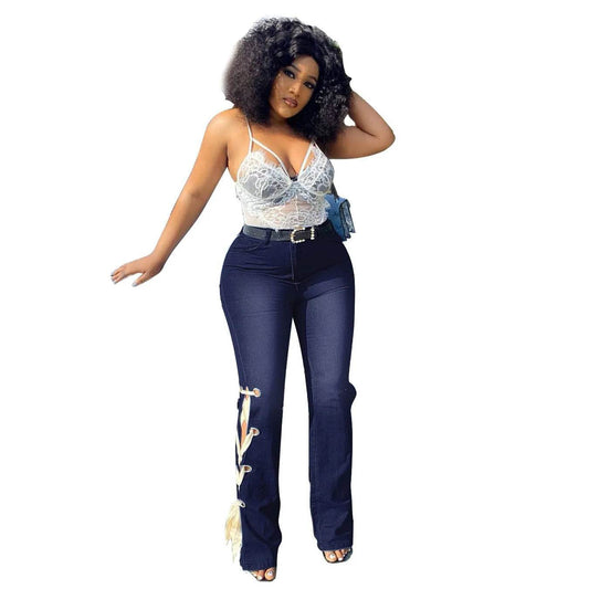 Solid Color Jeans Lace Up Bootcut Trousers - www.Shopthatapp.com