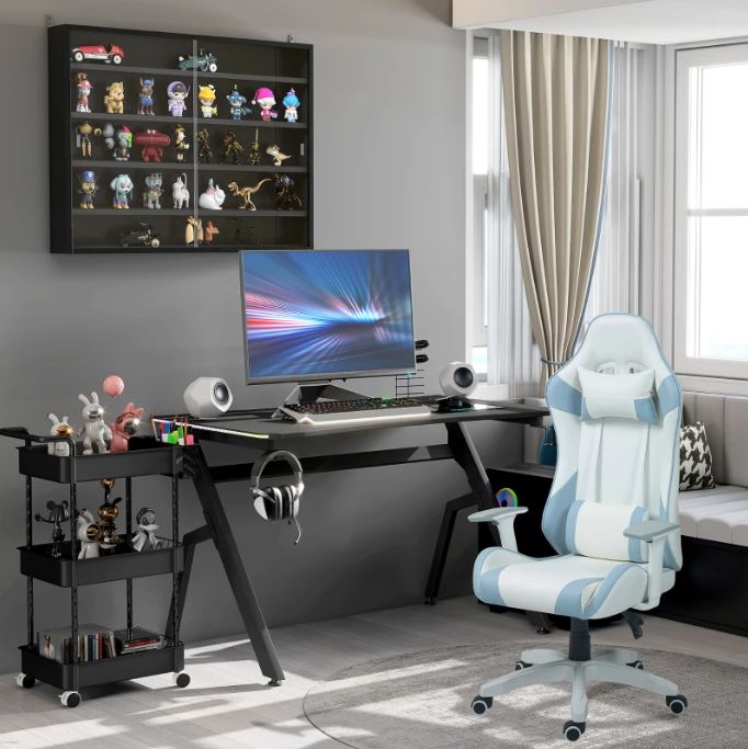 Racing Style LED Gaming Desk Office Desk Computer Table RGB Carbon Fibre Surface Headphone Hook Cup Holder Controller Rack Black - www.Shopthatapp.com