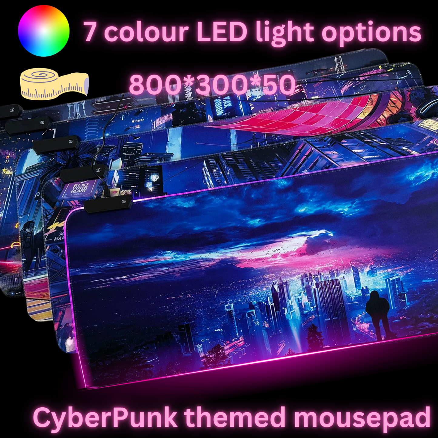 Tapis de souris LED Cyberpunk Night City Dystopian DS2, 7 lumières LED, surface lisse