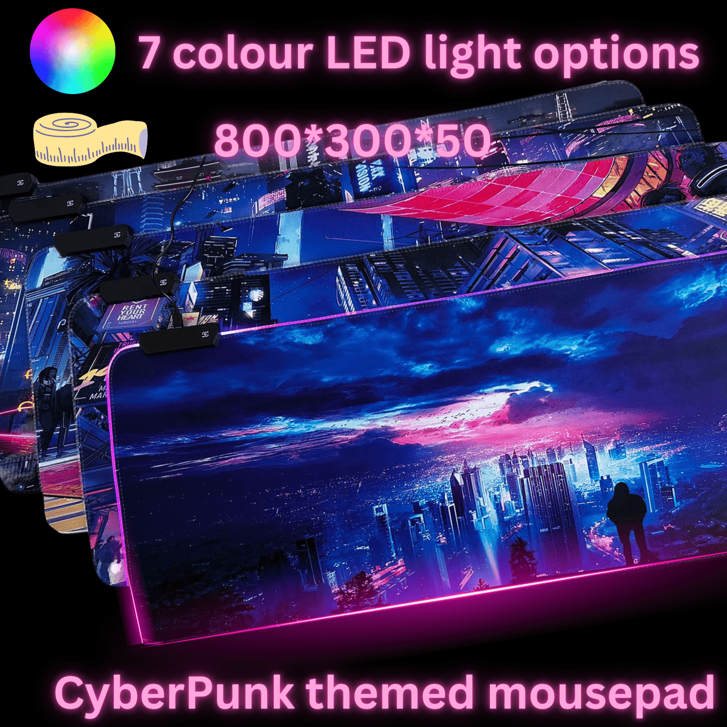 Cyberpunk Night City Dystopian DS4 LED Mauspad Mauspad 7 LED-Leuchten glatte OberflÀche