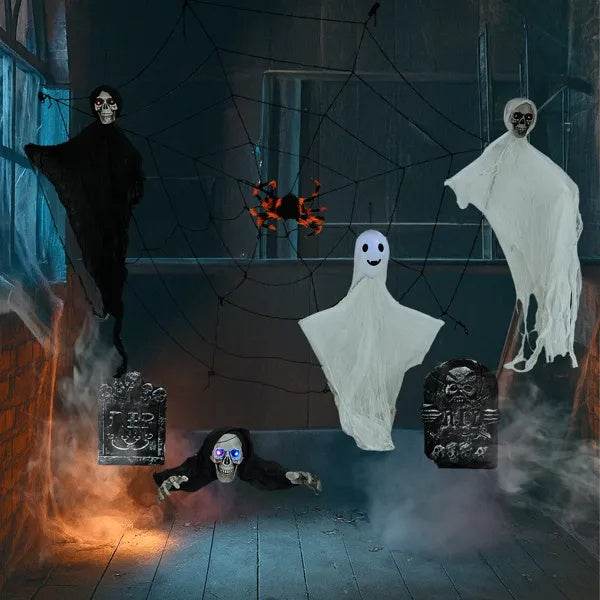 Outdoor Halloween Decorations 8-Piece Set, Hanging Ghosts Decor And Cobweb And Gravestone With Lighted Up Eyes, Scary Swinging Ghost Flying For Yard Patio Lawn Garden - www.Shopthatapp.com