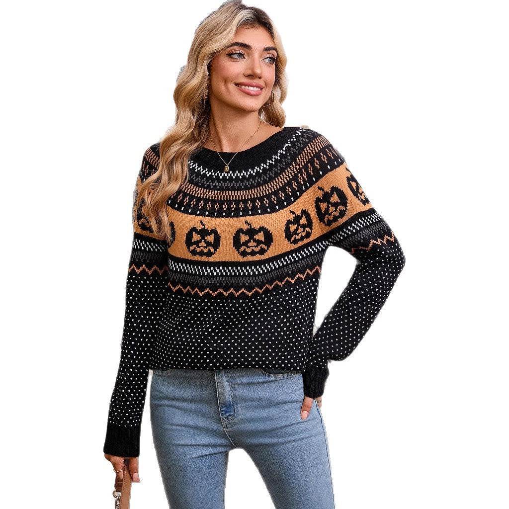 Women's Halloween Pumpkin Embroidered Retro Long-sleeved Sweater - www.Shopthatapp.com