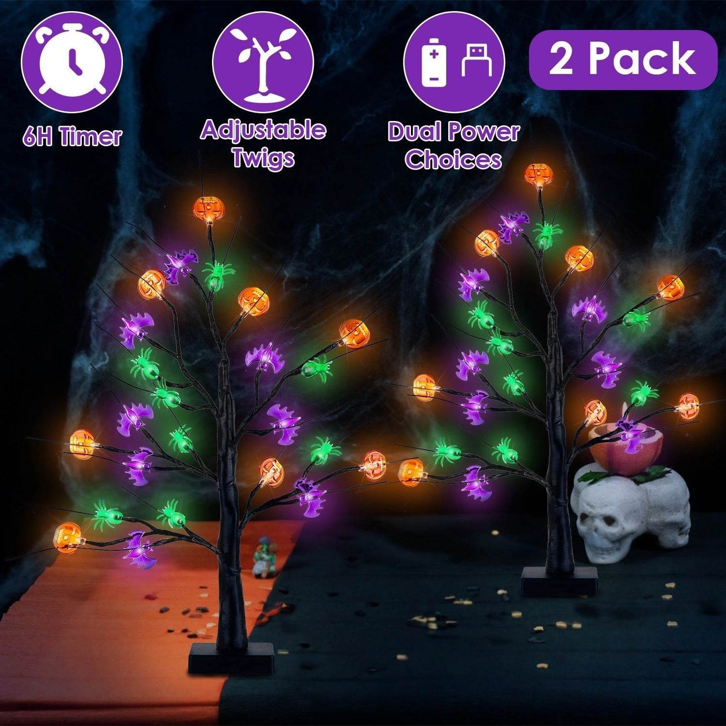 2Pack 1.97FT Lighted Halloween Trees Halloween Indoor Decorations Black Halloween Tree Lights With Timer Adjustable Twigs For Tabletop Party - www.Shopthatapp.com