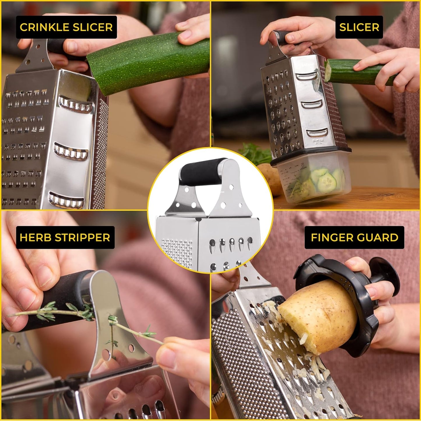 Râpe à fromage 7 en 1 en acier inoxydable avec protège-doigts. Coupe-herbes.