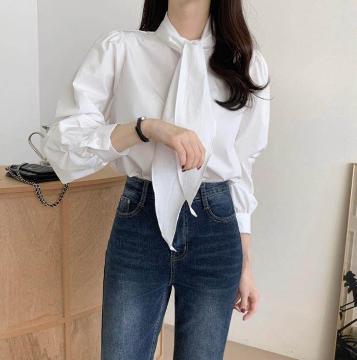 Spring New Gentle Lace-up Bow Tie Design Puff Sleeve Solid Color Shirt For Women - www.Shopthatapp.com