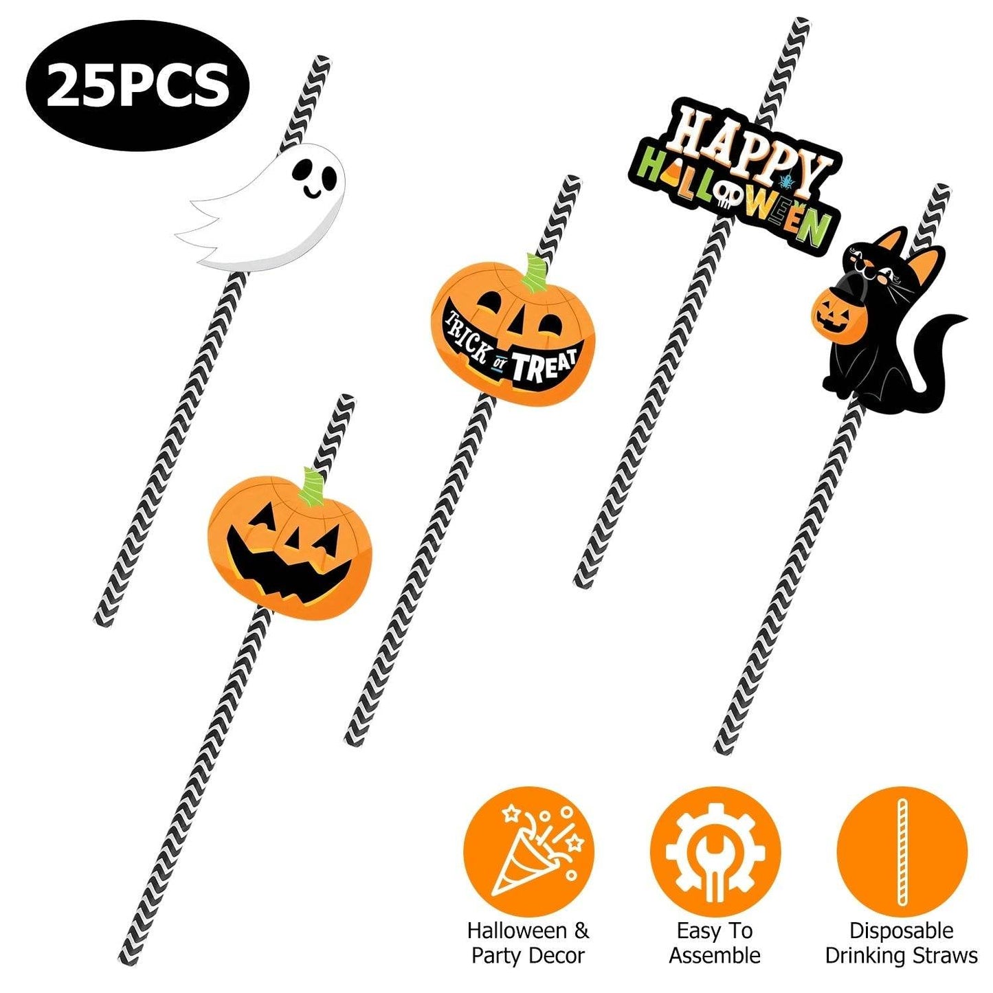 Set Of 25Pcs Halloween Party Striped Decorative Straws Disposable Drinking Straws Paper Straw Decor Happy Halloween Ghost Lantern Black Cat Halloween Party Supplies - www.Shopthatapp.com