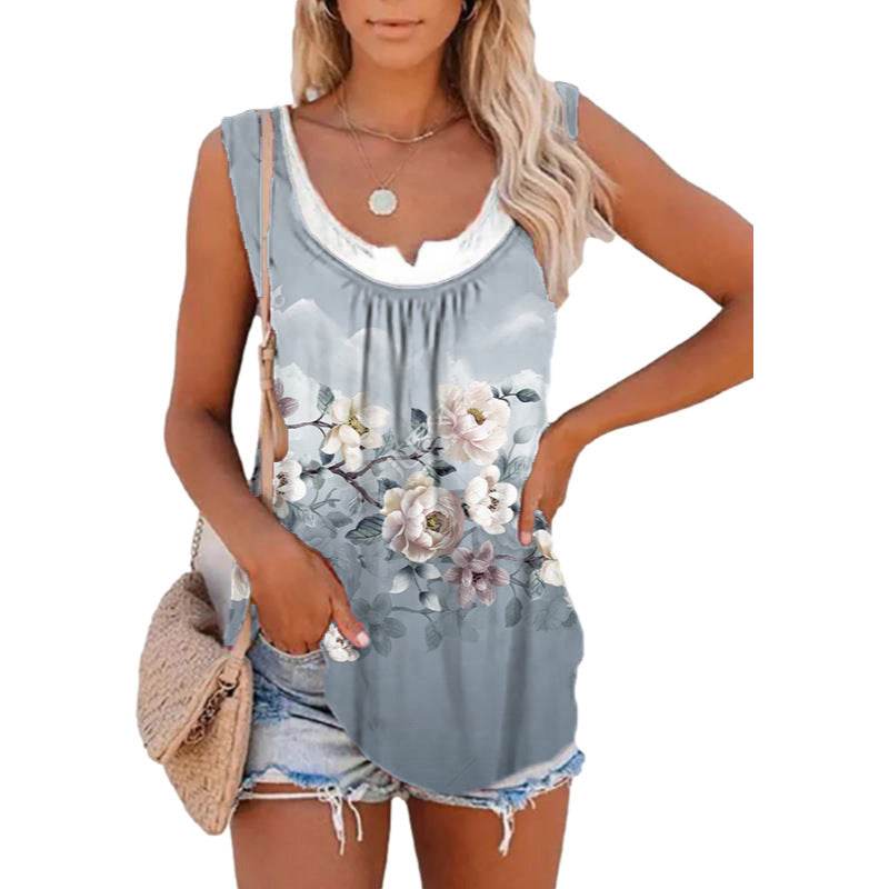 Casual Spring And Summer Tops Printed Sleeveless Pleating Vest T-shirt For Women - www.Shopthatapp.com