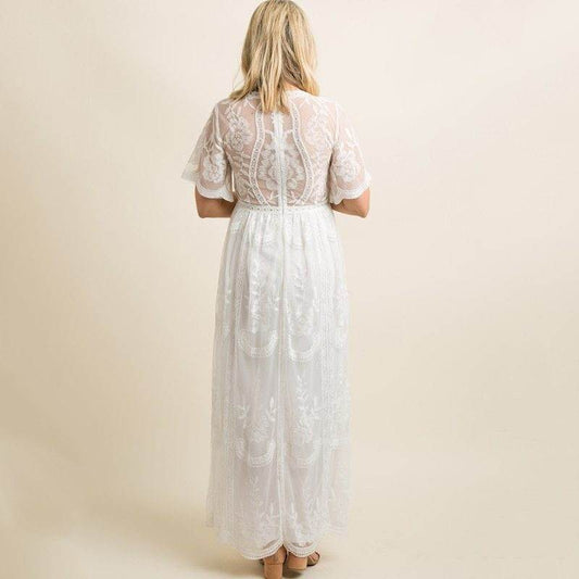 Maternity Dresses for Photo Shoot Summer V Neck White Lace Short Sleeve Pregnancy Dress Pregnant Women Photography Maxi Dress - www.Shopthatapp.com