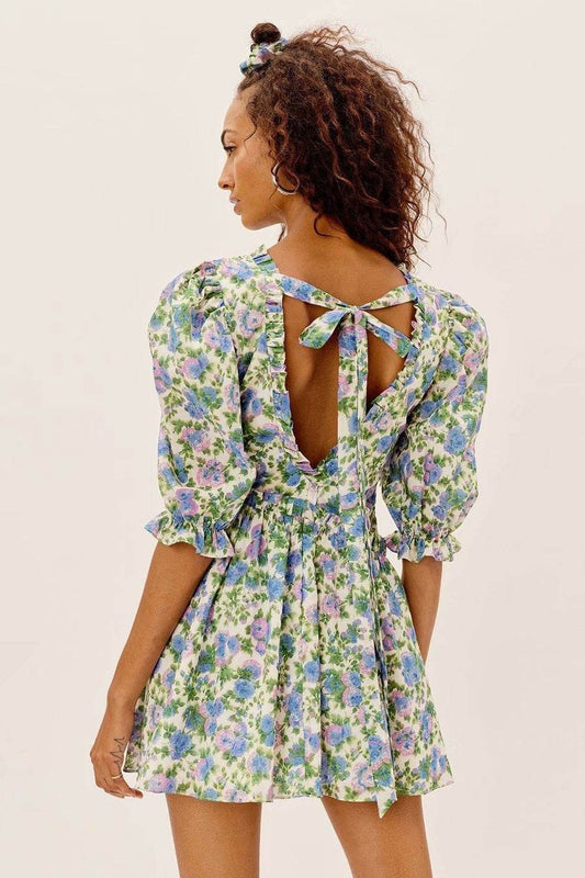 Women Summer Green Floral Chiffon Dresses Holiday Puff Short Sleeve V-Neck Back Lace Up Design Wrap One Piece Dress - www.Shopthatapp.com