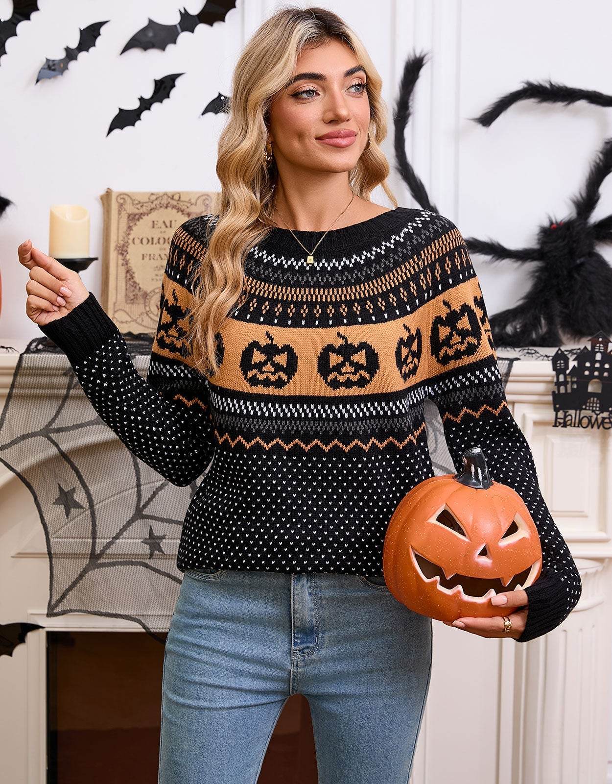 Women's Halloween Pumpkin Embroidered Retro Long-sleeved Sweater - www.Shopthatapp.com