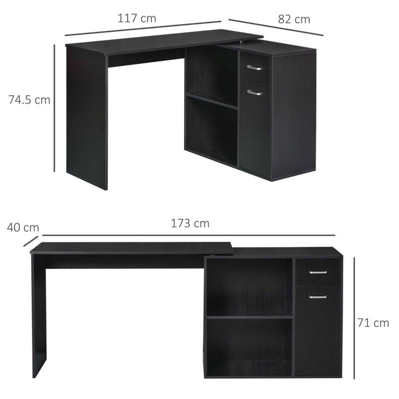 L-Shaped Desk Computer Corner Desk, Adjustable Dining Table with Storage Shelf and Drawer, Workstation for Home Office, Black - www.Shopthatapp.com