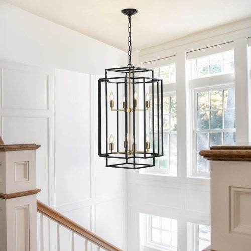8 Lights Black & Gold Lantern Tiered Chandelier, Industrial Farmhouse Chandelier - No Bulbs - www.Shopthatapp.com