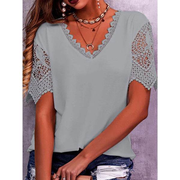 Summer Lace Tops Loose V Neck Short Sleeve Casual top - www.Shopthatapp.com