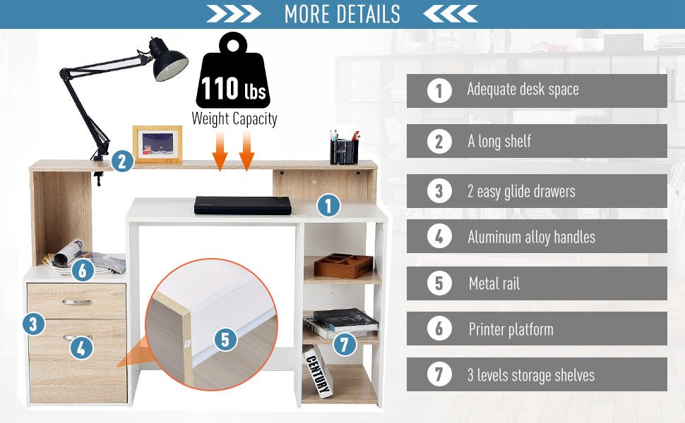 Modern Computer Desk with Drawers and Storage Shelves, Study Workstation, Writing Desk with Printer Stand for Home Office, Oak and White