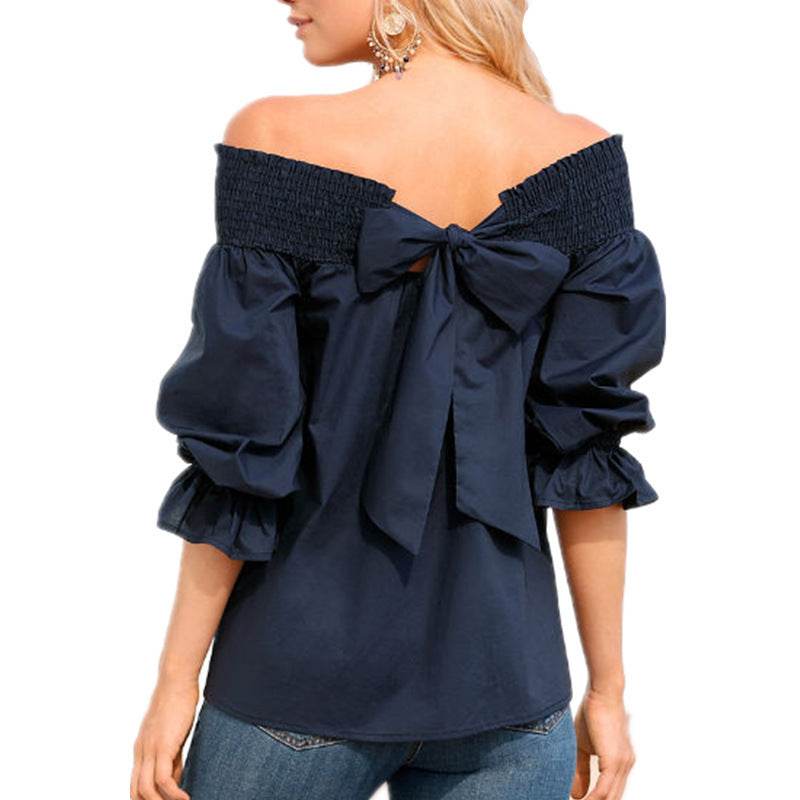 Spring Summer Women Off Shoulder Strapless Blouse top Bowknot Slash Neck Casual Loose Plus Size top - www.Shopthatapp.com