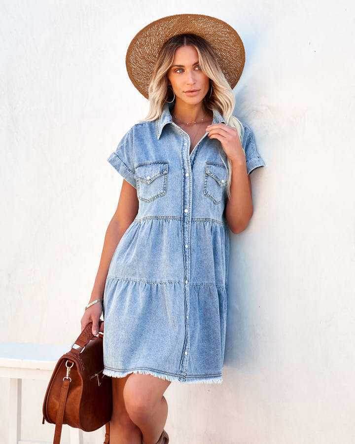 Casual Fashion Denim Short Sleeve loose mini Dress - www.Shopthatapp.com
