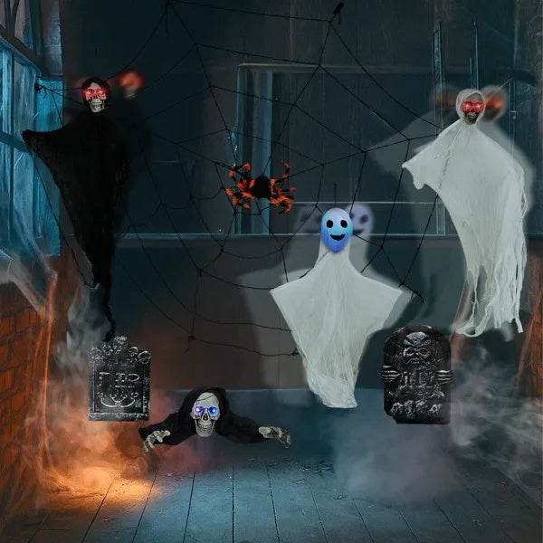 Outdoor Halloween Decorations 8-Piece Set, Hanging Ghosts Decor And Cobweb And Gravestone With Lighted Up Eyes, Scary Swinging Ghost Flying For Yard Patio Lawn Garden - www.Shopthatapp.com