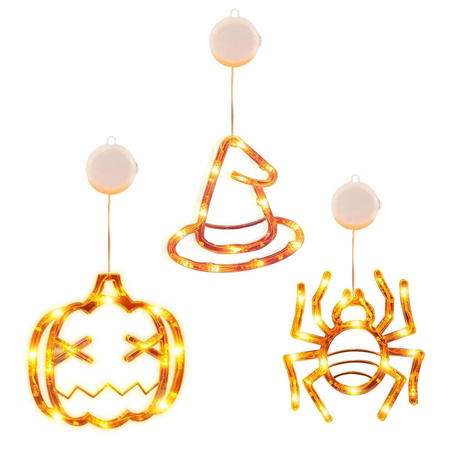 Set Of 3 Pack Halloween Window Light Spider Witch Hat Pumpkin With Orange Light Hanging Halloween Decoration Light With Suction Cup Hanging Holes - www.Shopthatapp.com