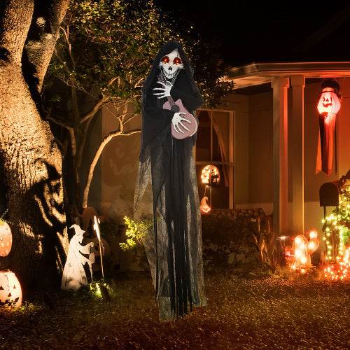 HOMCOM 4.3 Outdoor Halloween Decoration Animatronic Guitar-playing Grim Reaper, Sound And Motion Activated Animated Prop With Light Up Eyes Guitar Music - www.Shopthatapp.com