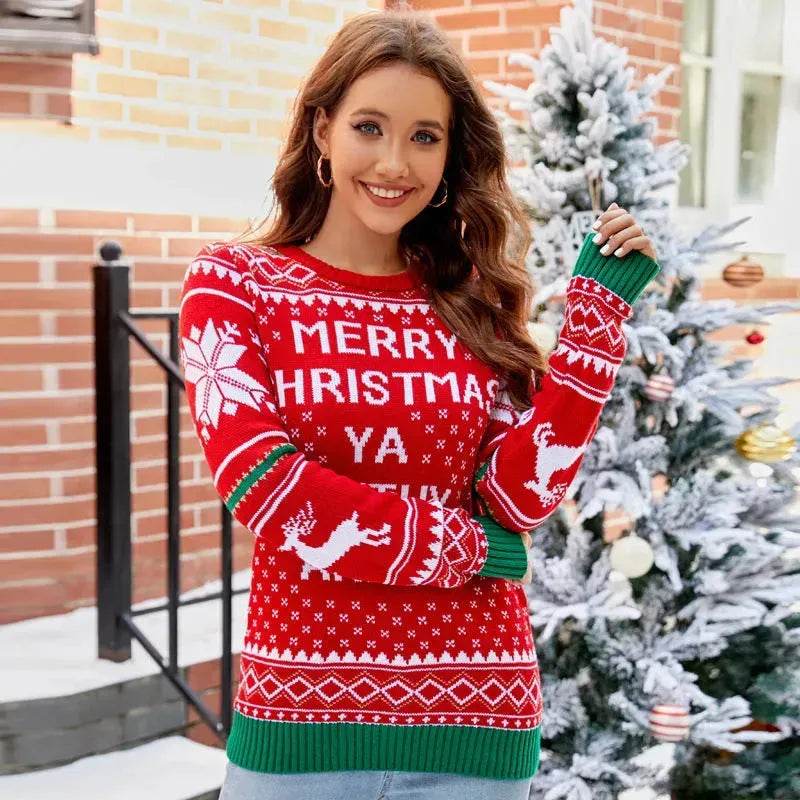 Women's Christmas Sweater Reindeer Xmas Snowflake Christmas Tree Patterns Knitted Sweater Long Sleeve Elk Letter Printed Pullover - www.Shopthatapp.com