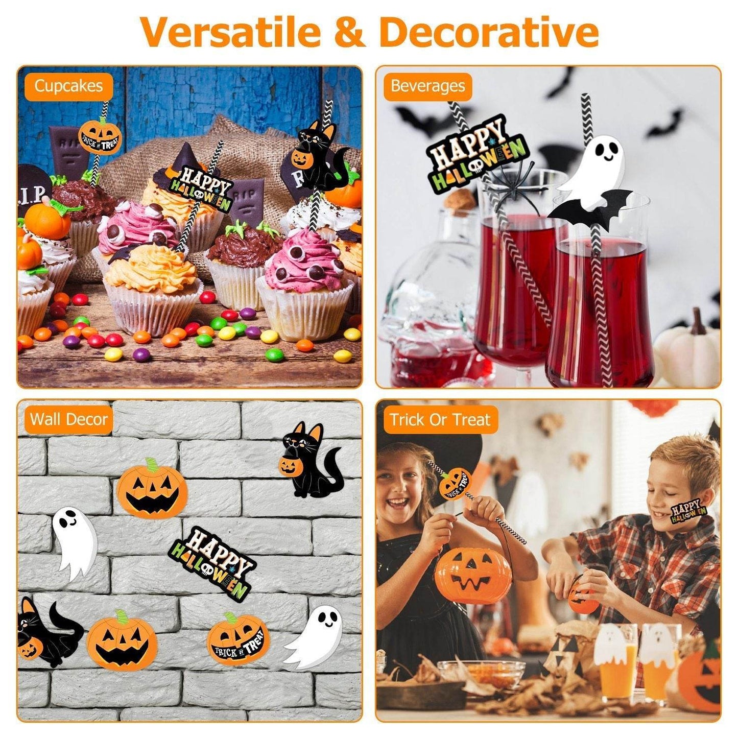 Set Of 25Pcs Halloween Party Striped Decorative Straws Disposable Drinking Straws Paper Straw Decor Happy Halloween Ghost Lantern Black Cat Halloween Party Supplies - www.Shopthatapp.com
