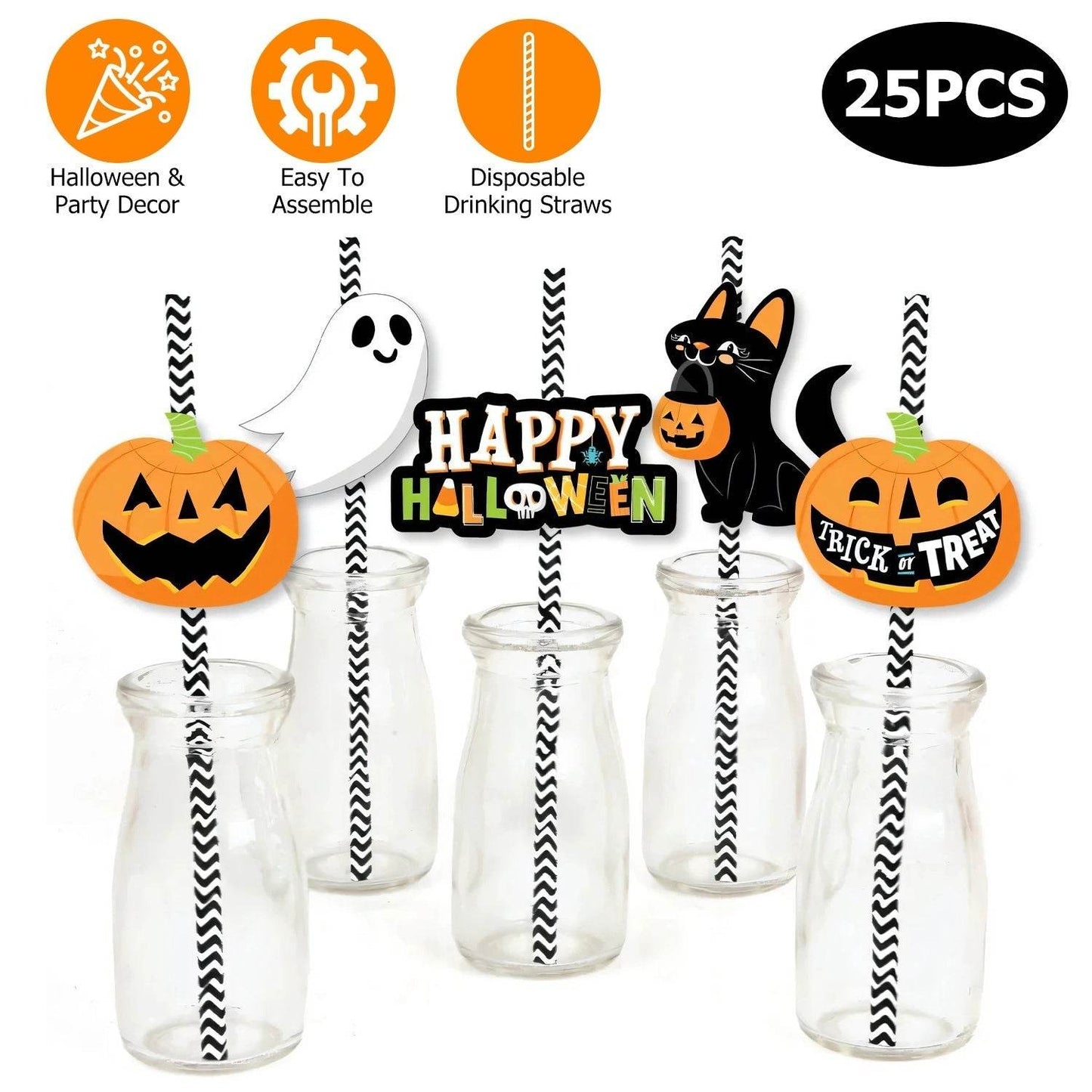 Set Of 25Pcs Halloween Party Striped Decorative Straws Disposable Drinking Straws Paper Straw Decor Happy Halloween Ghost Lantern Black Cat Halloween Party Supplies - www.Shopthatapp.com