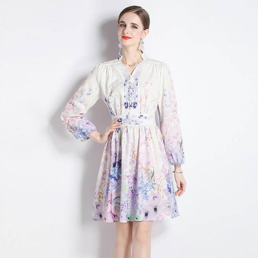 Elegant V-neck Vintage Floral Print Long Sleeves Dress Spring - www.Shopthatapp.com