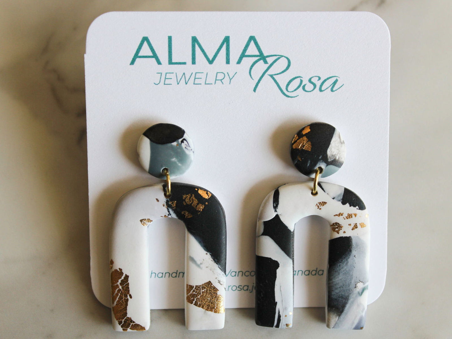 ARCHES Earrings. White, Black, Grey and gold leaf Polymer Clay Arch earrings - Www.Shopthatapp.com