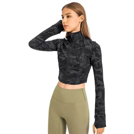 Autumn And Winter New Elastic Slim-fit High neck Zip Up Yoga crop top - www.Shopthatapp.com #