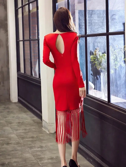 Autumn Dress – Slim Midi V-Neck Cotton Blend Dress with Tassels - www.Shopthatapp.com