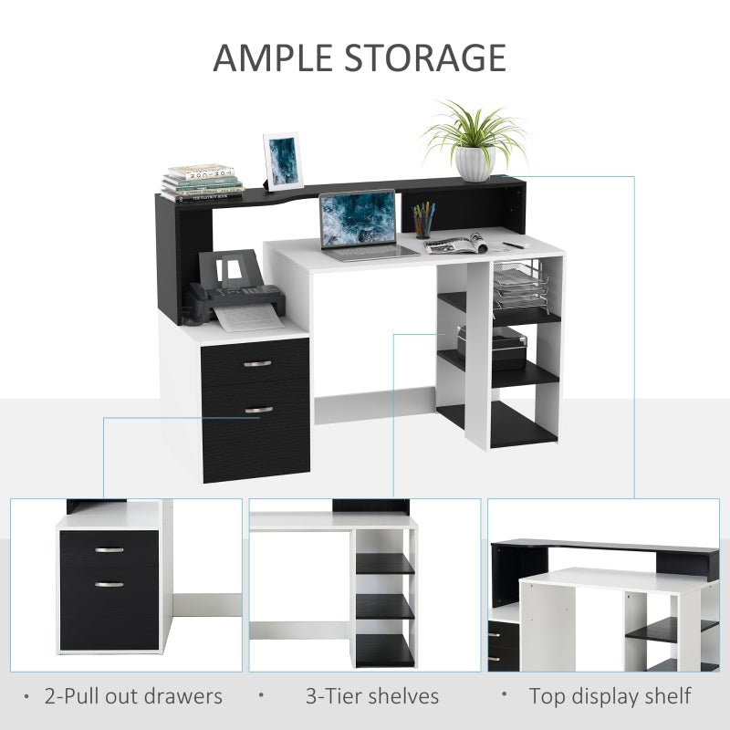 Modern Computer Desk with Drawers and Storage Shelves, Study Workstation, Writing Desk with Printer Stand for Home Office, Black and White - www.Shopthatapp.com