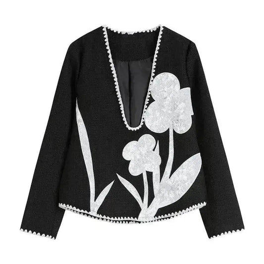 Black And White Splicing Velvet V-neck Overlapping Coat Color Contrast Skirt Suit - www.Shopthatapp.com