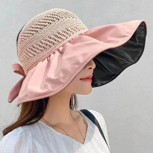Black Rubber Beach Hat Sun Hat Female Summer Hollow Straw Hat - www.Shopthatapp.com #