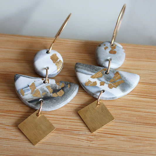 COLIBRI Earrings. White, Gray, Black and Gold leaf Polymer Clay statement earrings with brass dangles - www.Shopthatapp.com