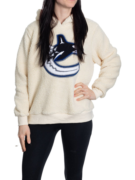 Vancouver Canucks Ladies Sherpa Hoodie with Premium Chenille Logo - www.Shopthatapp.com