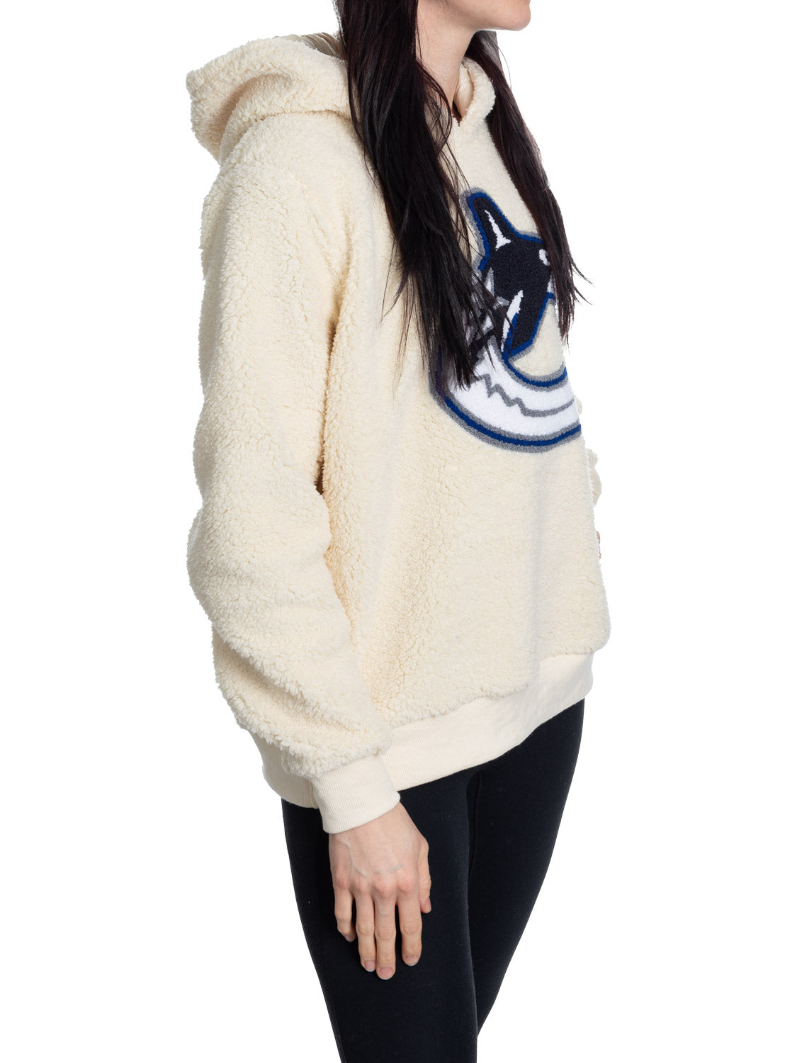Vancouver Canucks Ladies Sherpa Hoodie with Premium Chenille Logo - www.Shopthatapp.com