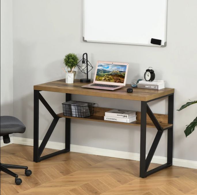 Workstation Computer Desk Table with Storage Shelf Steel Frame Black Brown