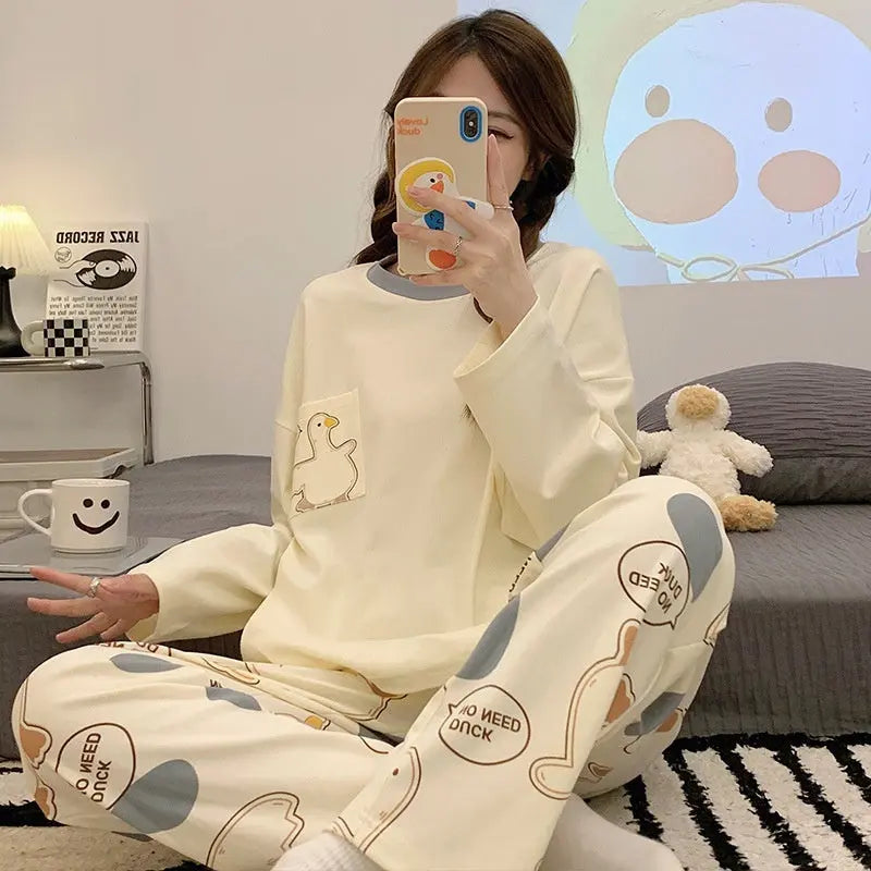 Cartoon Loose And Cute Long-sleeved Pajamas For Women Spring Autumn Set Casual Homewear Outerwear - www.Shopthatapp.com