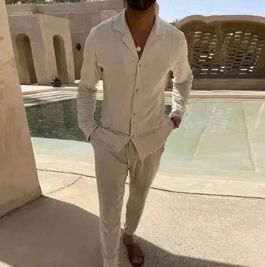 Casual Long-sleeved Suits Fashion Lapel Single-breasted Shirt Top And Slim-fit Trousers Men Clothing Two piece suit for Men - www.Shopthatapp.com #